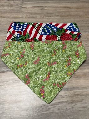 Lot of 2 Extra Large Handmade Patriotic & Green Floral Dog  Bandanas